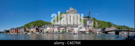 Belgium, Europe, Dinant, stronghold, castle, cliff, houses, homes, river, flow, boat, church, panorama Stock Photo