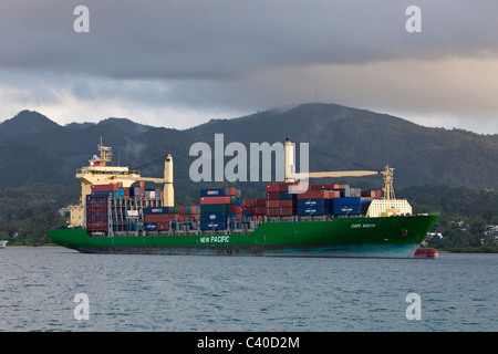 Cargo Boats laying at anchor, Beqa Lagoon, Viti Levu, Fiji Stock Photo