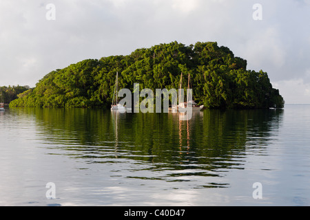 Sailing Boats anchor near Island, Suva Harbour, Viti Levu, Fiji Stock Photo