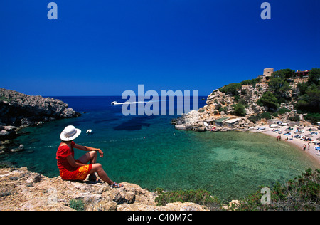 outside, Balearic Islands, Cala Carbo, outdoors, outside, woman, Ibiza, island, isle, coast, coastal scenery, scenery, woman, se Stock Photo
