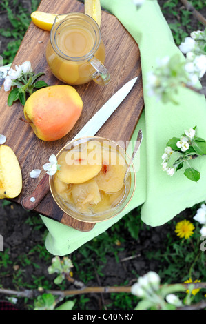 Still life with apples and juice under blossoming apple tree. Stock Photo