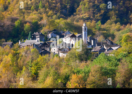Boschetto, Switzerland, Europe, canton Ticino, valley of Maggia, village, houses, homes, church, wood, forest, autumn Stock Photo