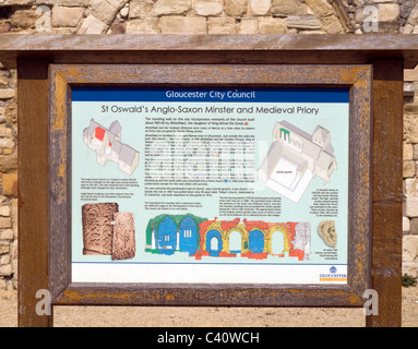 Information sign for the remains of St. Oswald's Priory, Gloucester. the remains date mostly from the 12th and 13th centuries. Stock Photo