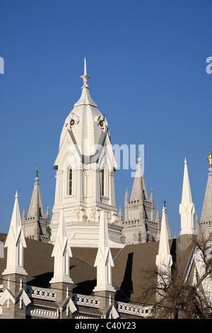 View of Assembly Hall and Salt Lake Temple inside Temple Square Stock Photo