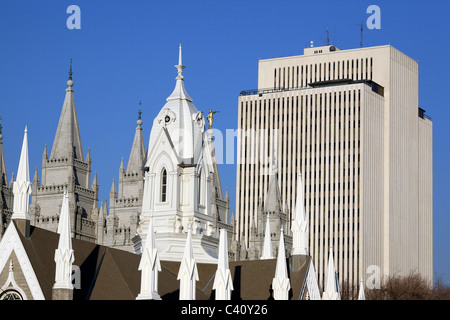 Assembly Hall and Salt Lake Temple inside Temple Square with world headquarters for Church of Jesus Christ of Latter-Day Saints Stock Photo