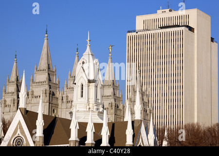 Assembly Hall and Salt Lake Temple inside Temple Square with world headquarters for Church of Jesus Christ of Latter-Day Saints Stock Photo