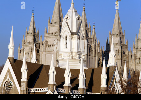 View of Assembly Hall and Salt Lake Temple inside Temple Square, Salt Lake City, Utah, United States, North America Stock Photo