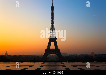 The Eiffel Tower in Paris, seen from the Trocadero at sunrise. Stock Photo