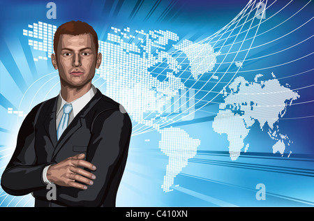 Confident young businessman in front of abstract world map background concept Stock Photo