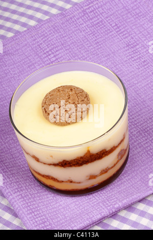 Close-up of vanilla custard and amaretti dessert served in a glass cup over a pink background. Selective focus. Stock Photo