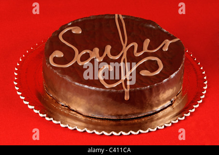 Famous austrian chocolate cake called sacher torte served on a golden plate. Selective focus. Stock Photo