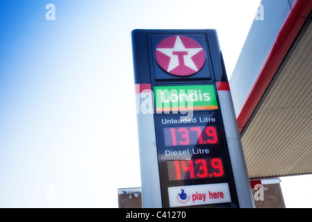 texaco petrol station forecourt sign displaying fuel prices