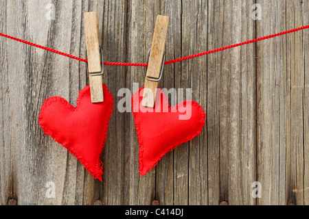 Two handmade red hearts Stock Photo