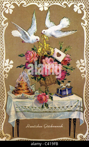 festivity, birthday, doves bringing flowers, greetings card, circa 1950s, , Additional-Rights-Clearences-Not Available Stock Photo