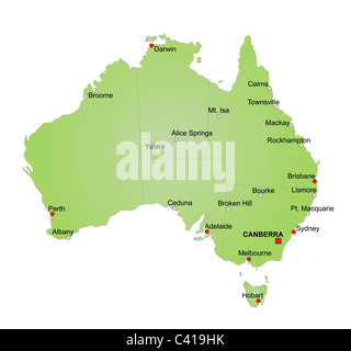 Stylized map of Australia showing various cities, rivers and all territories. All on white background. Stock Photo