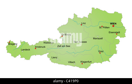 Stylized map of Austria showing various cities, rivers and all provinces. All on white background. German caption. Stock Photo