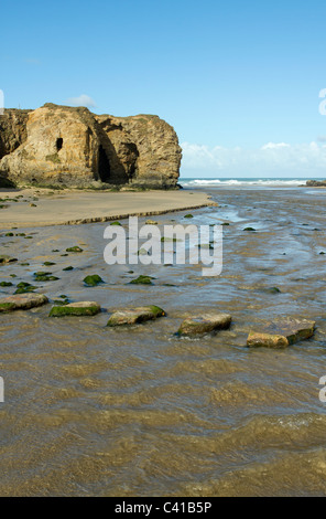 Stepping stones over a stream on Perranporth beach, Cornwall UK. Stock Photo