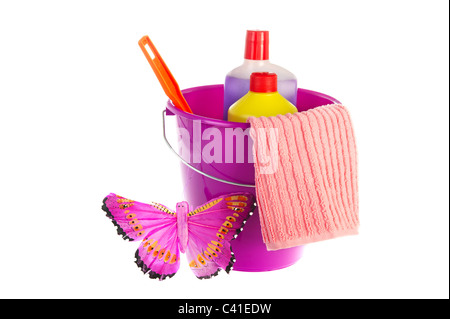 Violet plastic bucket with liquid bottles cloth and brush Stock Photo