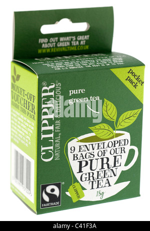 Box of Clipper fairtrade pocket size pack of 9 enveloped bags of pure green tea Stock Photo