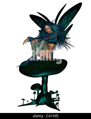 Turquoise Fairy Sitting on a Toadstool Stock Photo