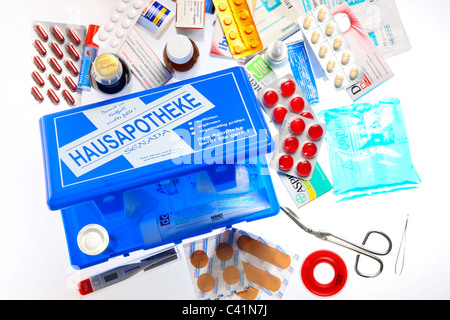 Different medicaments in a private home medicine chest. Medical care. Stock Photo