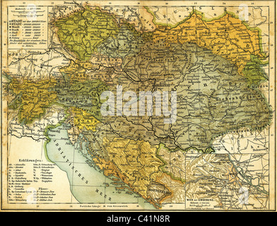 cartography, map, Austria-Hungary, circa 1910, as well as the Vienna and its surrounding area, from Kuerschners Universal-Konversationslexikon, after W. Keil und Fr. Riecke, German school atlas, printed by Koerner & Dietrich, Leipzig, Additional-Rights-Clearences-Not Available Stock Photo