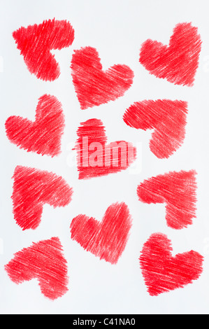 Red coloured love hearts. Coloured pencil drawing Stock Photo