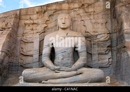 Seated Buddha carved in granite Gal Vihara Polonnaruwa Cultural Triangle Sri Lanka Stock Photo