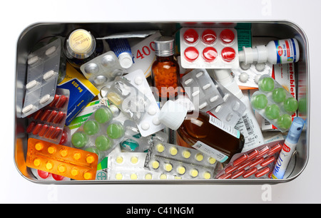 Different medicaments in a private home medicine chest. Medical care. Stock Photo