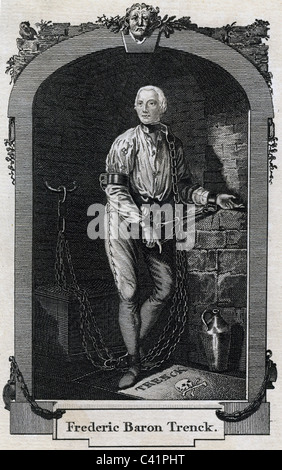 Trenck, Friedrich Freiherr von der, 16.2.1726 - 25.7.1794, Prussian military officer, adventurer, full length, in the dungeon of Magdeburg, copper engraving, late 18th century, Artist's Copyright has not to be cleared Stock Photo