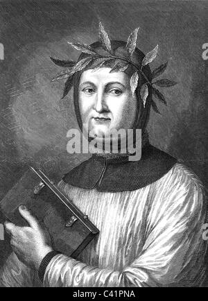 Petrarch, ( Petrarca, Francesco ), 20.7.1304 - 19.7.1374, Italian poet, half length, wood engraving, published in 1874, Stock Photo