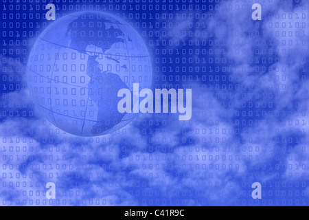 digital background: binary code over sky and globe Stock Photo