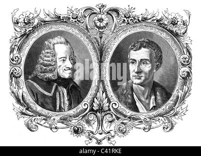 Voltaire, Francois Marie Arouet de, 21.11.1694 - 30.5.1778, French author / writer, portrait, with a portrait of Jean-Jacques Rousseau, wood engraving, published in 1878, Stock Photo