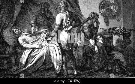 Conrad I 'the Younger', circa 881 - 23.12.918, King of East Francia 10.11.911 - 23.12.918, appointing on the death bed Duke Henry of Saxony his successor, wood engraving, 19th century, , Stock Photo
