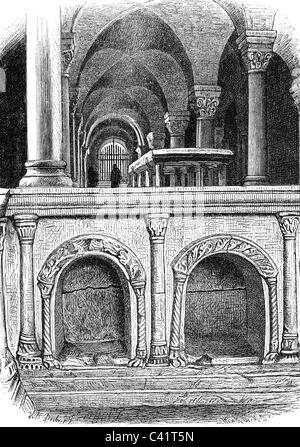 geography / travel, Germany, Quedlinburg, churches, Saint Servatius, interior view, graves of King Henry I 'the Fowler' and Queen Matilda, wood engraving, 1867, , Additional-Rights-Clearences-Not Available Stock Photo