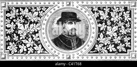 Philip II, 21.5.1527 - 13.9. 1598, King of Spain 16.1.1556 - 13.9.1598, portrait, wood engraving, 19th century,  ,