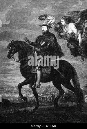 Philip II, 21.5.1527 - 13.9. 1598, King of Spain 16.1.1556 - 13.9.1598, equestrian image, wood engraving, 19th century,  ,