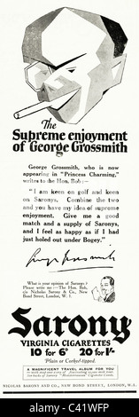 Original 1920s magazine advert for SARONY VIRGINIA CIGARETTES featuring a celebrity of the period George Grossmith Stock Photo