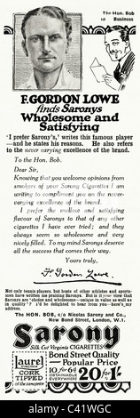 Original 1920s magazine advert for SARONY VIRGINIA CIGARETTES featuring a celebrity of the period F. Gordon Lowe Stock Photo