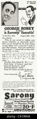 Original 1920s magazine advert for SARONY VIRGINIA CIGARETTES featuring a celebrity of the period George Robey Stock Photo