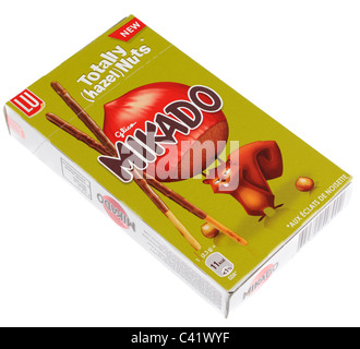 Box of New Glico Mikado Totally hazelnuts milk chocolate sticks with hazelnut pieces Stock Photo