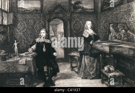 people, couples, a young scholar with his wife in the room, steel engraving by W. Unger, 19th century, after painting by Gonzales Coques, 17th century, Additional-Rights-Clearences-Not Available Stock Photo