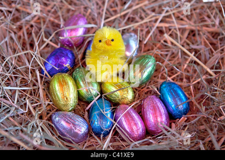 Easter egg with a chick in a nest of straw Stock Photo