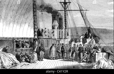 events, Crimean War 1853 - 1856, transport of French troops on the ship 'Euphrate' to the Crimean, wood engraving, 'The Illustrated London News', 1855, Additional-Rights-Clearences-Not Available Stock Photo