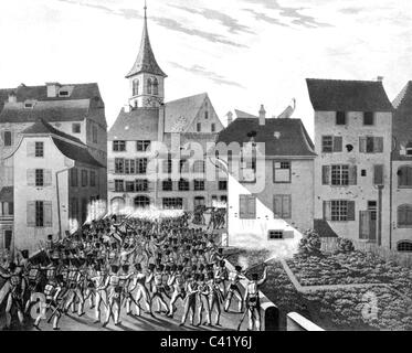 events, Revolution 1830 - 1831, Switzerland, engagement at the lower gate in Liestal, 21.8.1831, lithograph, 19th century, Basel, Basel-Country, Country, Basel-Landschaft, Baselland, soliders, military, infantry, street fighting, historic, historical, people, Additional-Rights-Clearences-Not Available Stock Photo