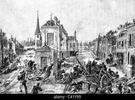 events, Franco-Prussian War 1870 - 1871, Battle of Chateaudun, 18.10.1870, French barricade in the street, wood engraving, late 19th century, soldiers, France, Infantry, city, Centre, Franco Prussian, historic, historical, Châteaudun, people, Additional-Rights-Clearences-Not Available Stock Photo