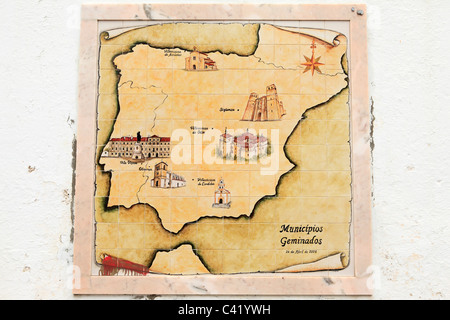 A tile map of the Iberian Peninsula on a wall in the town of Vila Vicosa in the Alentejo district of Portugal. Stock Photo