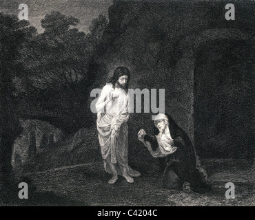 religion, christianity, Jesus Christ, resurrection, with Mary Magdalen, 'Noli me tangere', mezzotint by W. Unger, 19th century, after painting by Rembrandt van Rijn, Netherlands, 1651, Additional-Rights-Clearences-Not Available Stock Photo