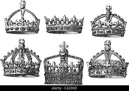 19th Century book illustration, taken from 9th edition (1875) of Encyclopaedia Britannica, of English Royal Crowns Stock Photo