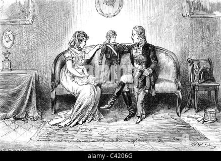 Frederick William III, 3.8. 1770 - 7.6.1840, King of Prussia 16.11.1797 - 7.6.1840, with wife Louise, sons Crown Prince Frederick William (IV) and William (I), 1799, wood engraving, 2nd half 19th century, Stock Photo